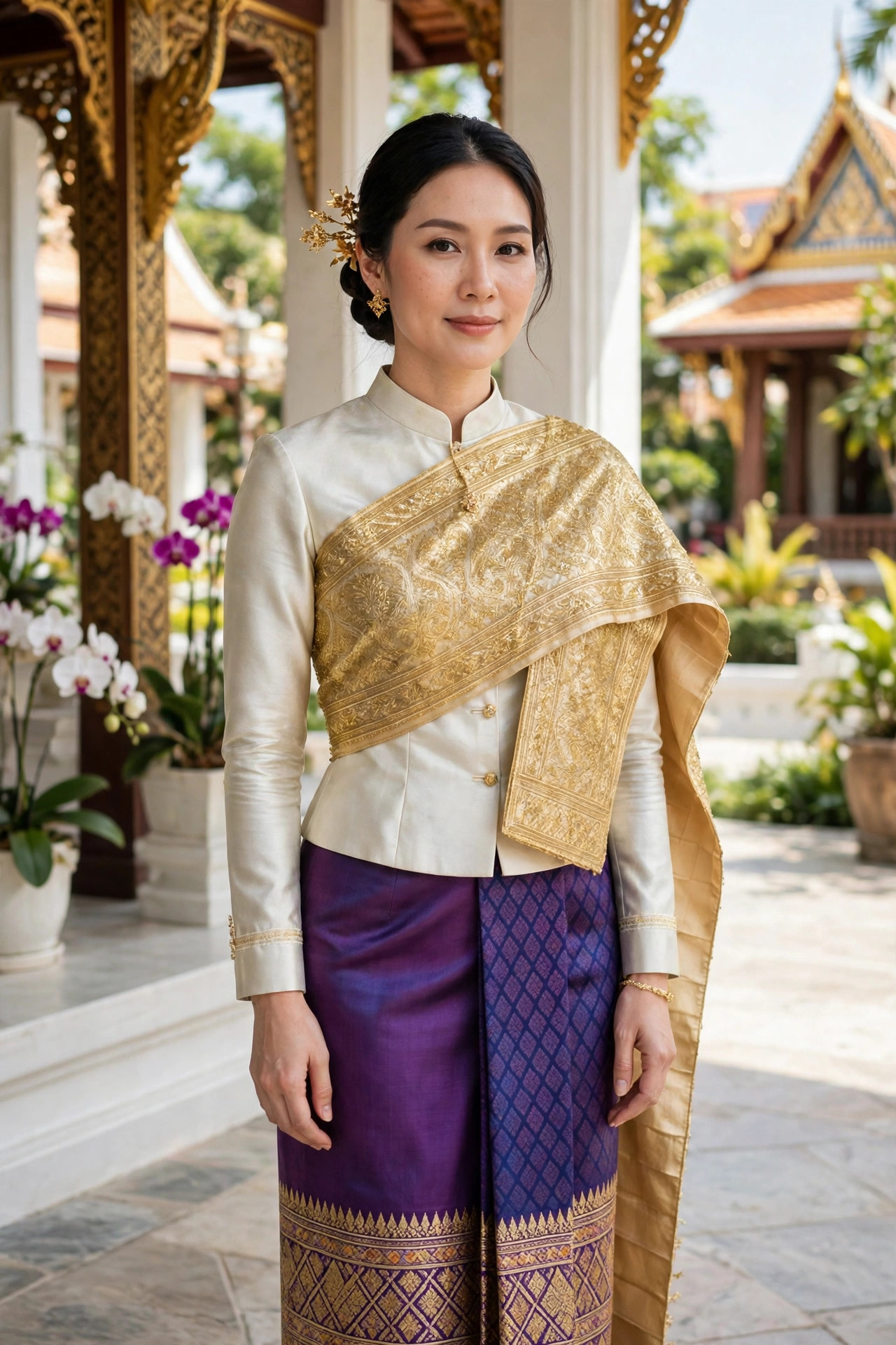 Woman wearing a formal Thai chut thai with a gold brocade sabai sash over one shoulder and a long purple silk wrap skirt