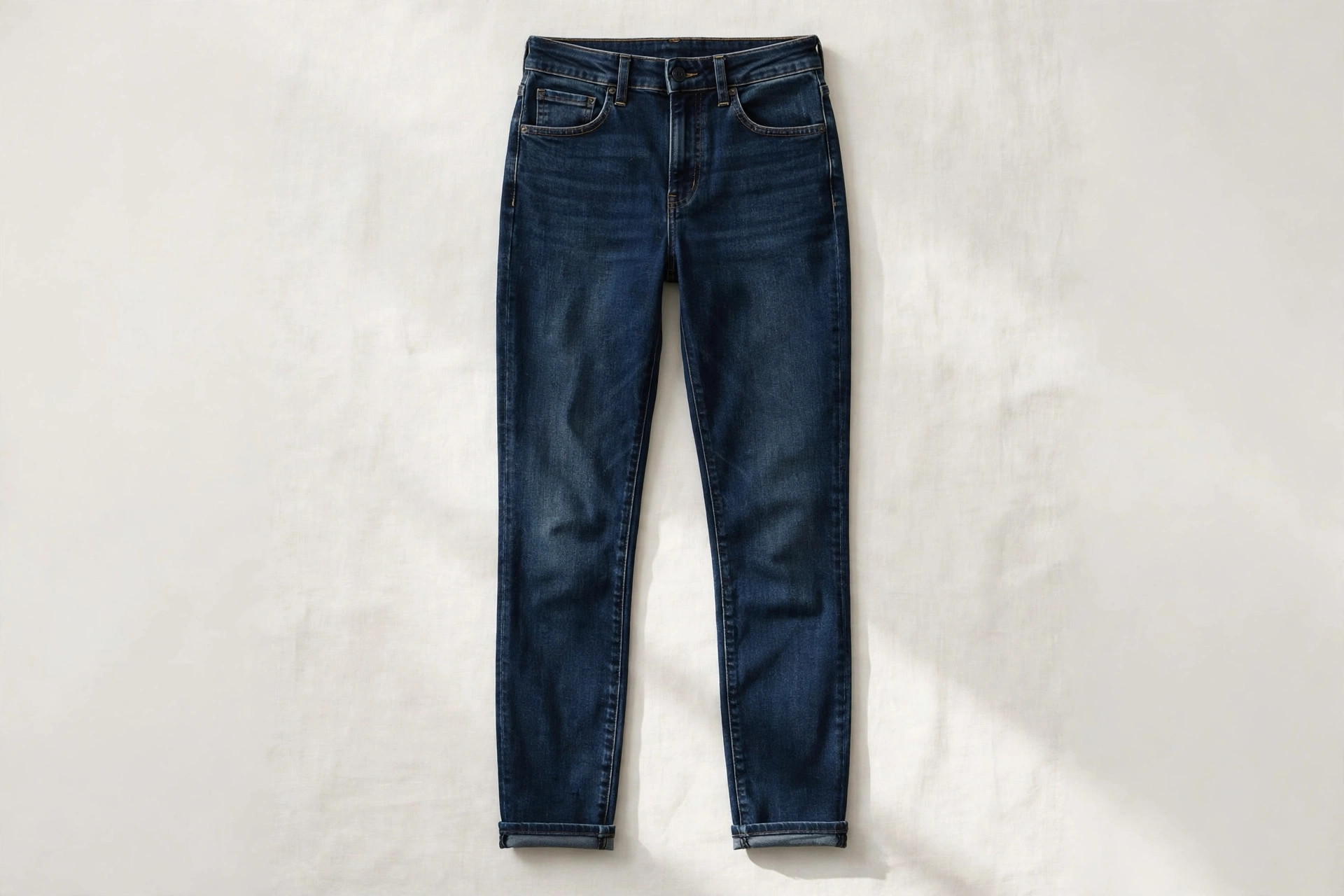 Women's cigarette jeans in dark rinse denim laid flat, showing the slim straight leg ending just above the ankle, product photography with no people