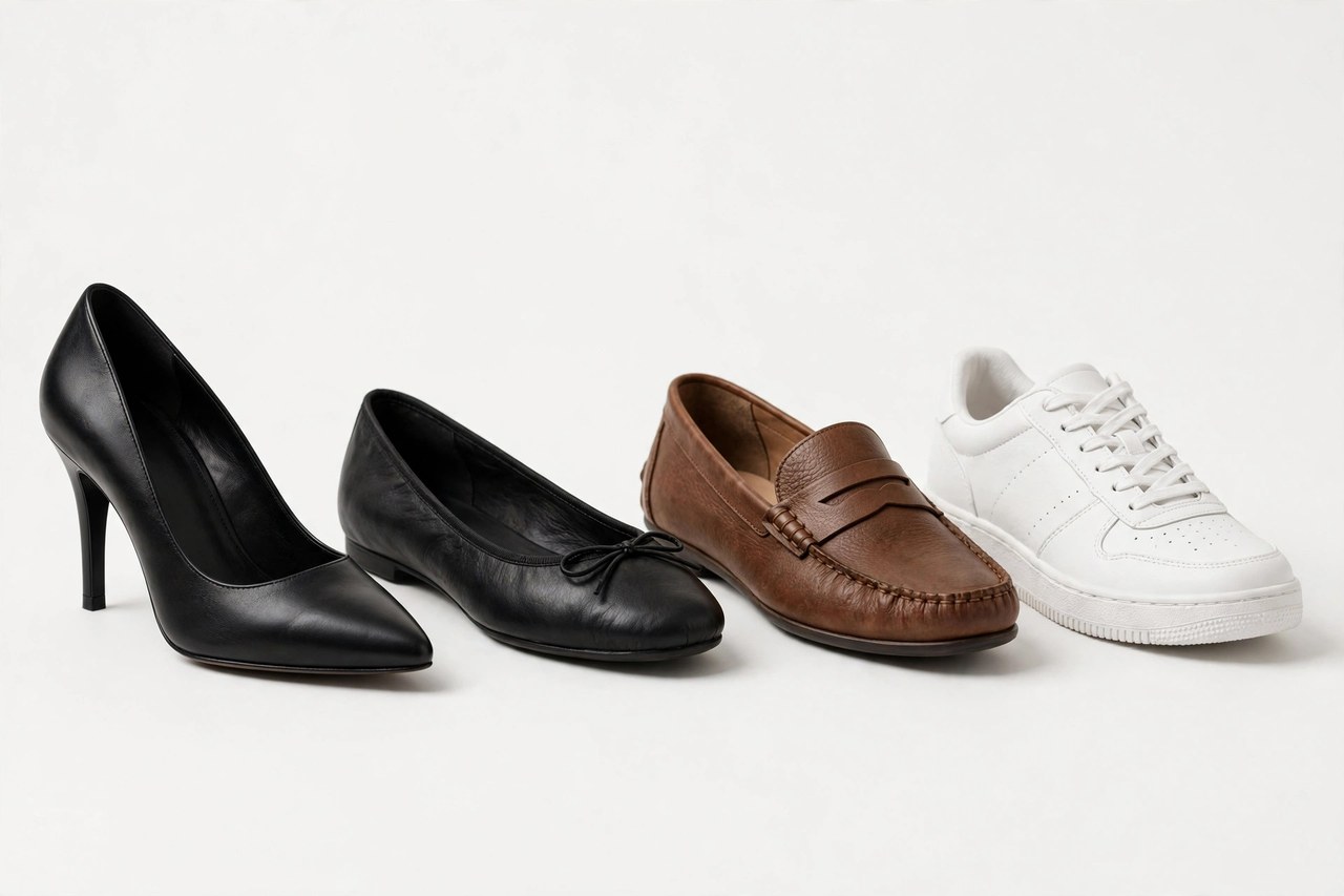 Women's timeless classic shoes including a black pump, ballet flat, penny loafer and white sneaker arranged together