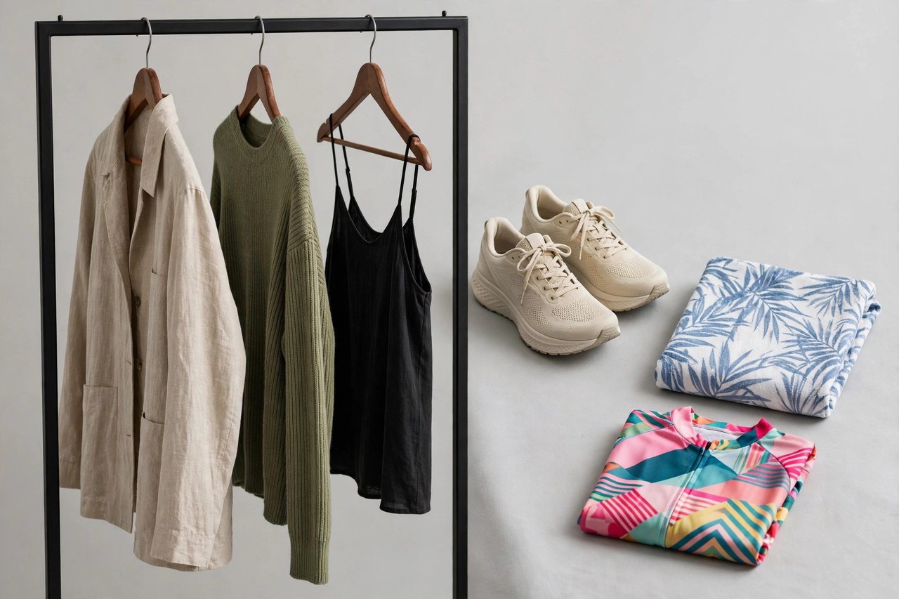 Women's contemporary clothing on a rail beside running shoes, a folded swim cover-up and a bicycle jersey