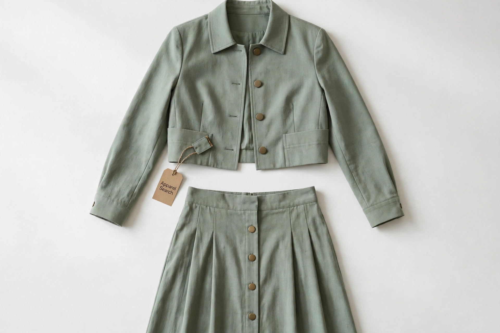 Women's co-ord set in sage green laid flat, matching cropped jacket above a coordinating midi skirt with a small Apparel Search swing tag, product photography with no people