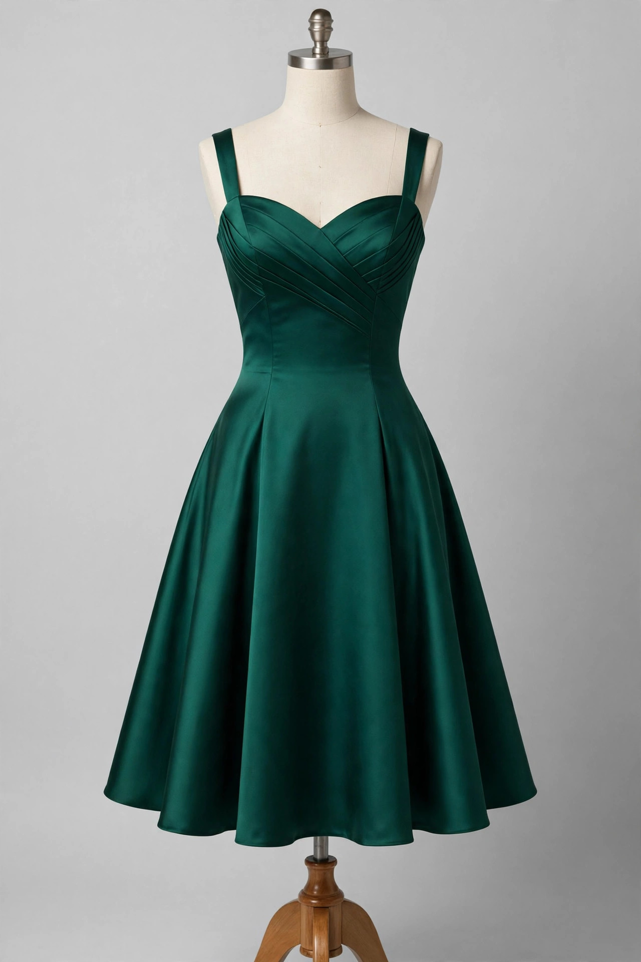 Emerald green knee-length cocktail dress with a fitted bodice and flared skirt on a dress form