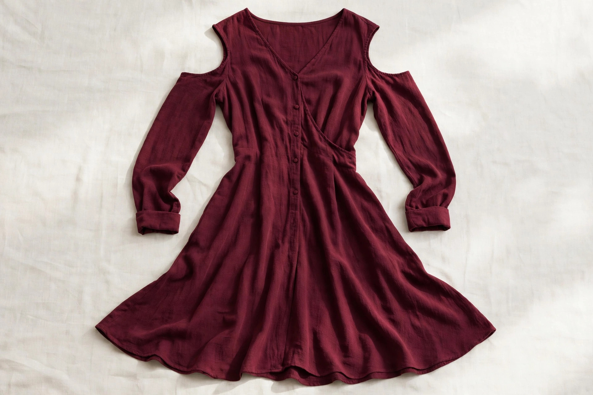 Women's cold shoulder dress in burgundy fabric laid flat, showing the shoulder cut-outs with sleeves continuing below them, product photography with no people
