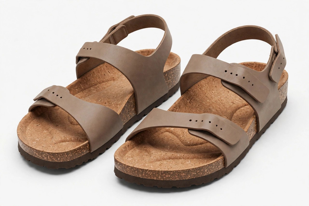 Pair of women's comfort sandals with contoured cork footbeds and adjustable straps on a clean background