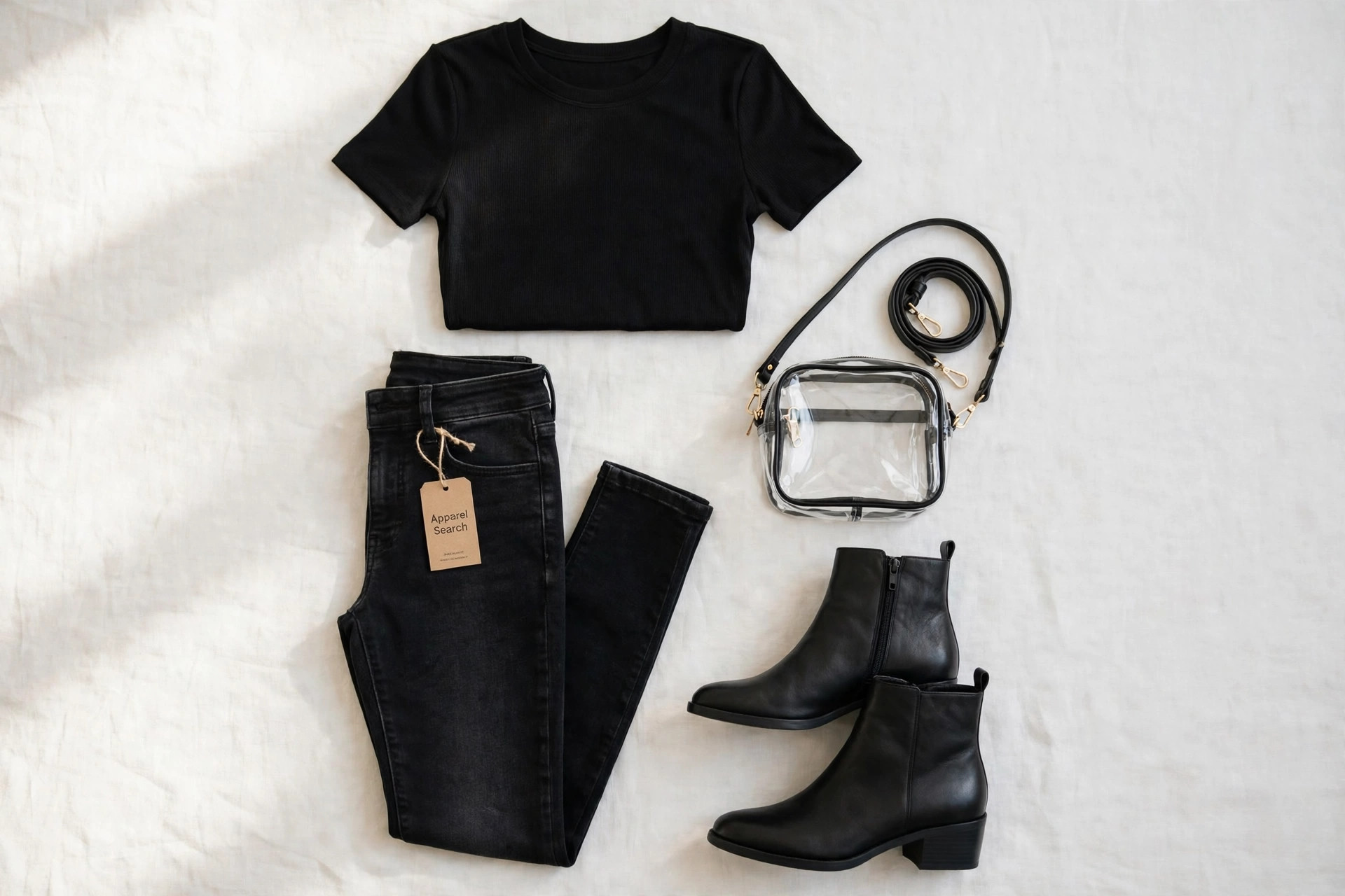 Women's concert outfit laid flat with a black fitted top, dark jeans, low block-heel ankle boots and a small clear crossbody bag, product photography with no people