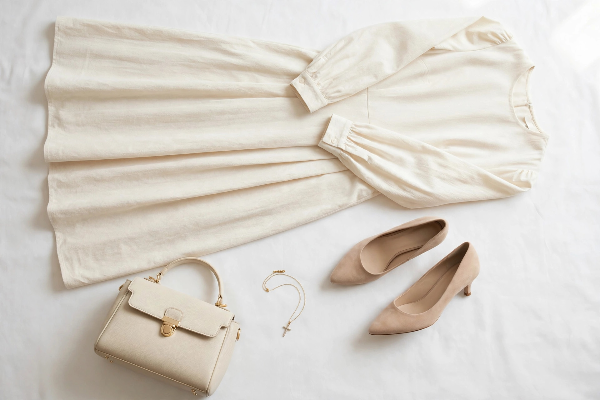 Adult woman's confirmation outfit laid flat: a modest cream midi dress with sleeves, nude low heels, a small cross pendant necklace and a structured handbag