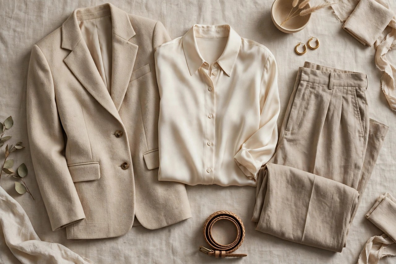 Women's contemporary apparel with tailored blazer, silk blouse and relaxed trousers in neutral tones laid flat