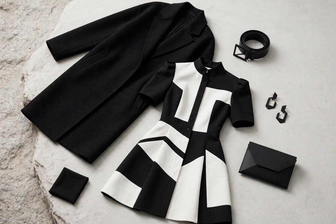 Women's contemporary fashion dress and coat with minimalist architectural lines in black and white
