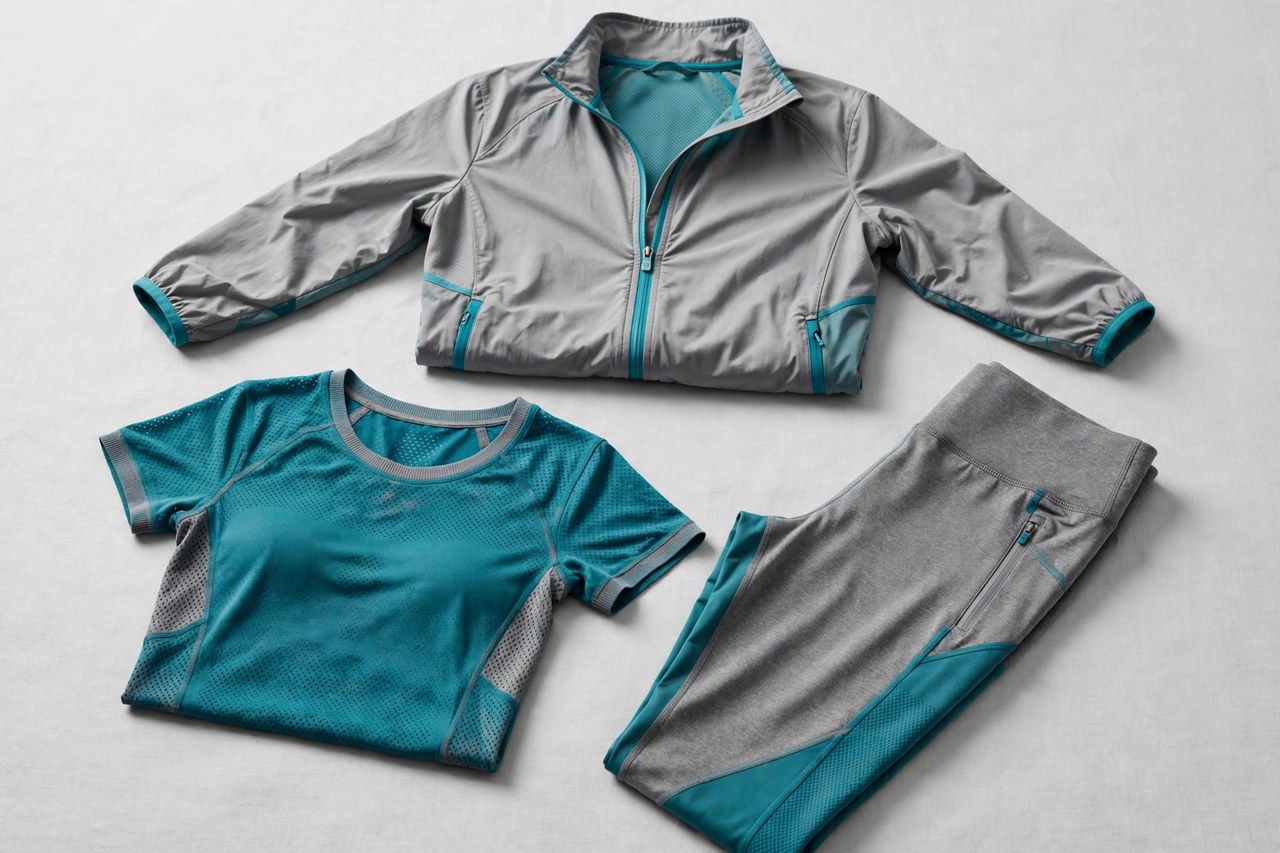Women's modern sportswear set with technical leggings, breathable top and lightweight zip jacket in grey and teal