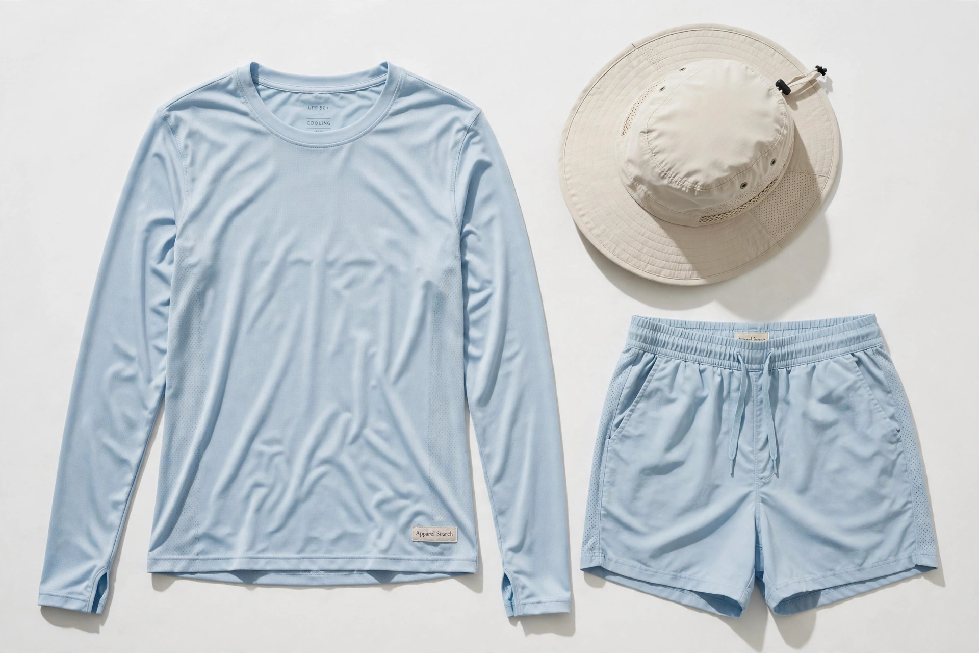 Women's cooling clothing laid flat, a light blue UPF long-sleeve shirt, cooling sun hat and shorts, product photography with no people