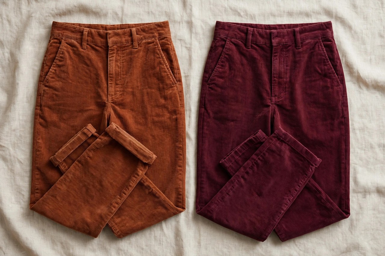Women's corduroy pants in rust and cream showing fine vertical wale ribs in cotton corduroy, flat lay