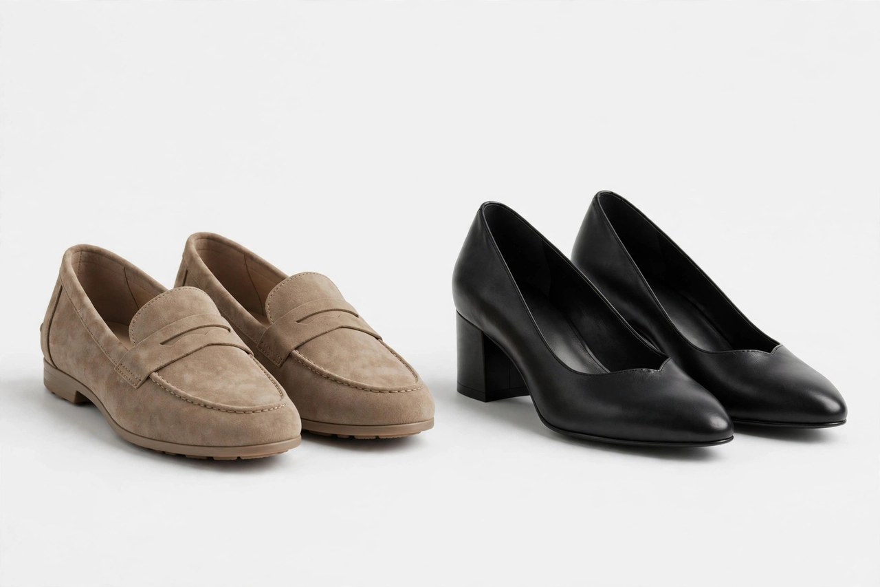 Pair of women's corporate casual shoes, smart loafers and low block-heel pumps for business casual offices