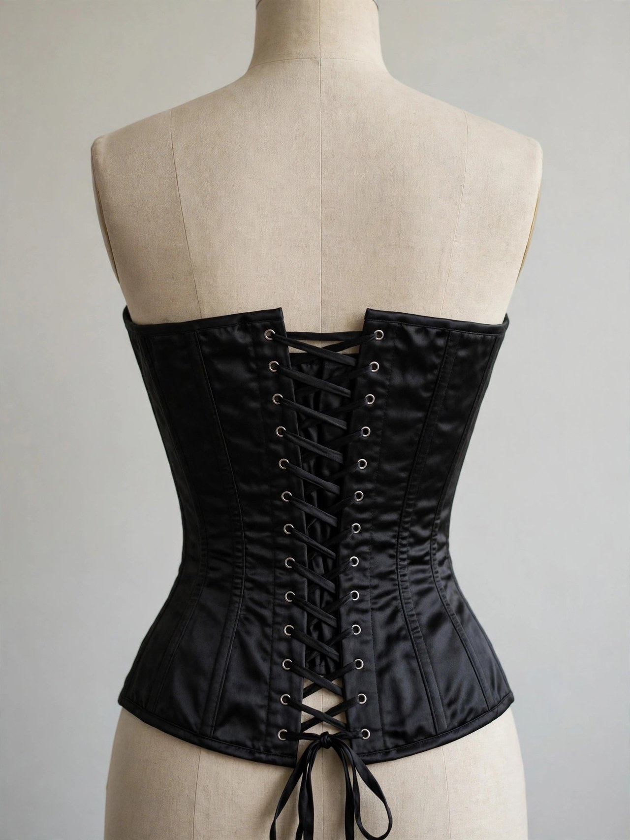 Structured black satin corset with boning and back lacing displayed on a dress form