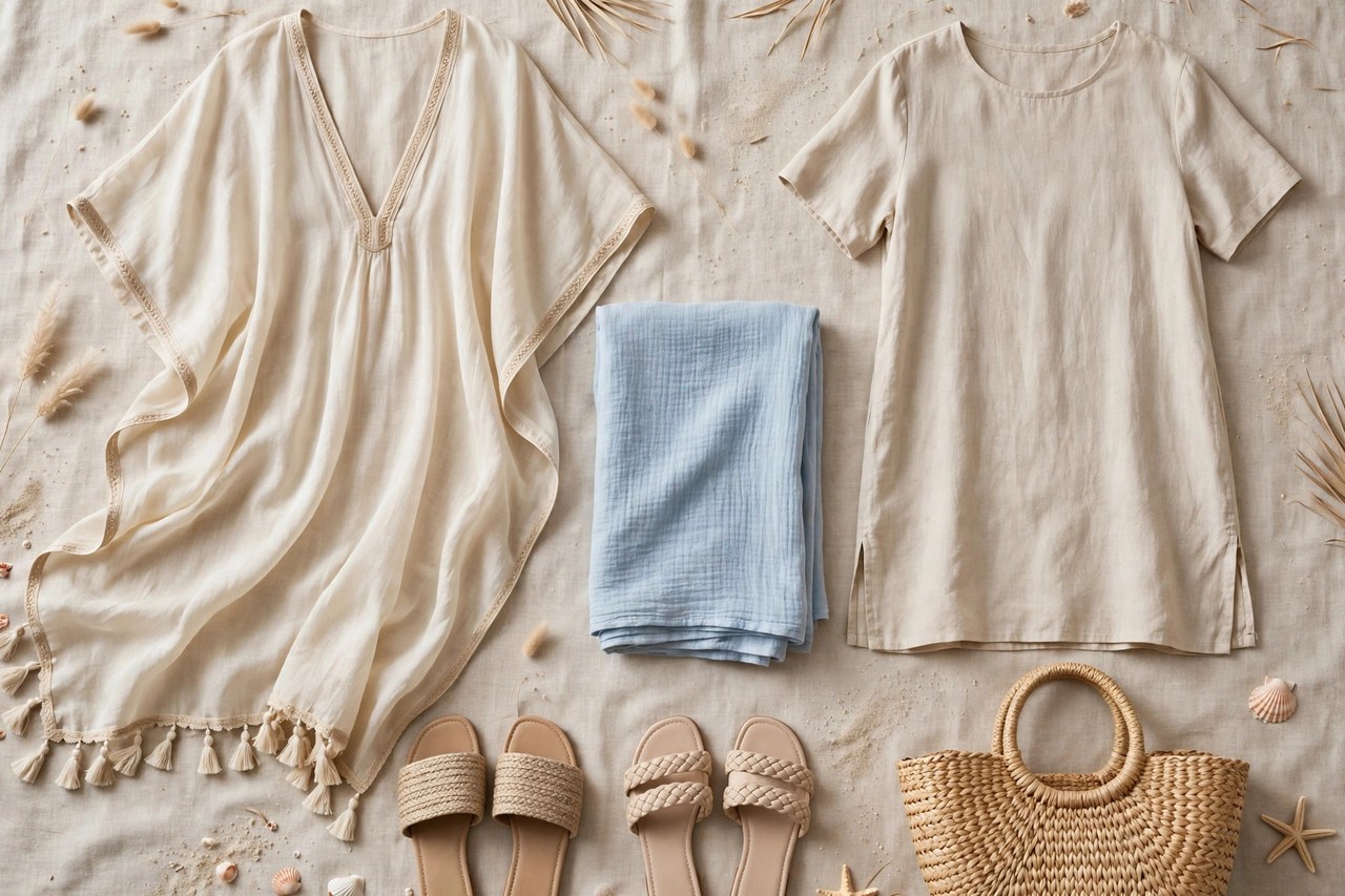 Women's swim cover-ups with flowing kaftan, sarong and tunic in light beach fabrics with sandals and beach bag