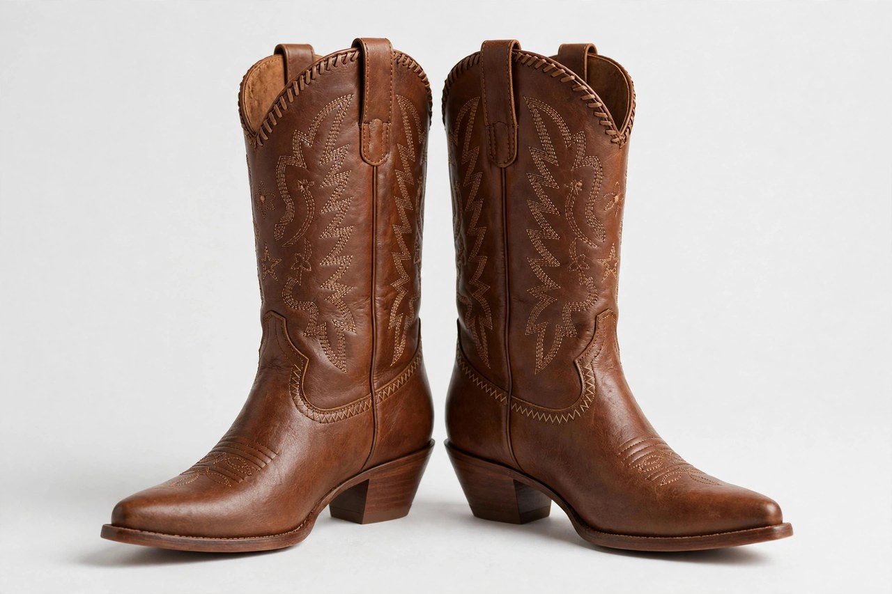 Women's brown leather cowgirl boots with decorative stitched shafts and pointed toes