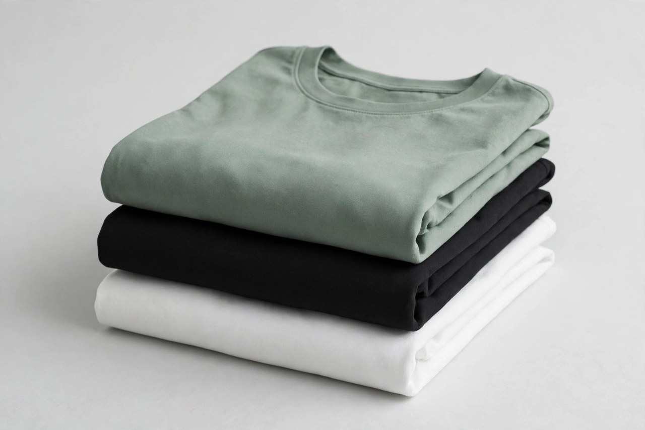 Women's crew neck tees in white, black and sage green neatly folded showing clean round necklines as styled fashion pieces