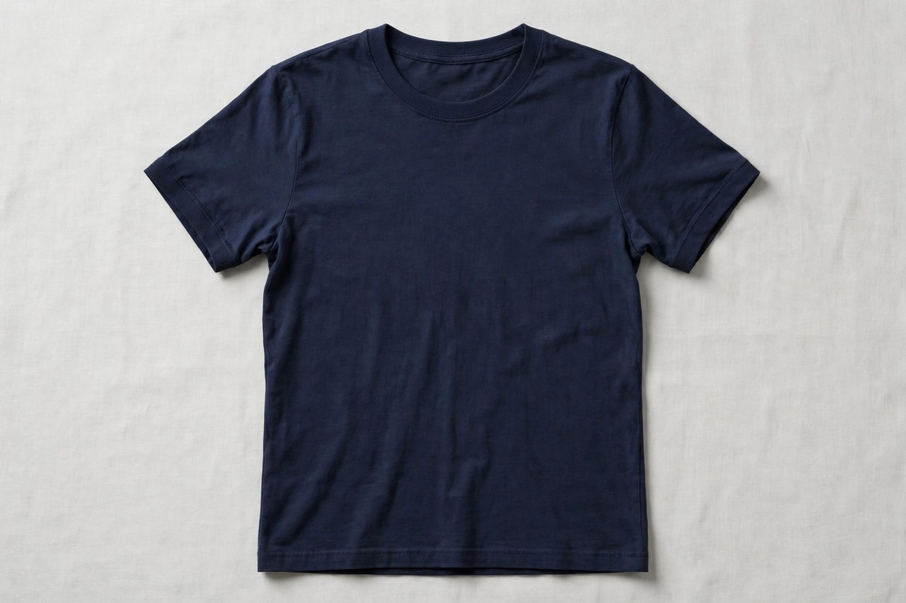 Women's basic crewneck t-shirt in navy cotton jersey laid flat showing ribbed crew collar, short sleeves and straight hem