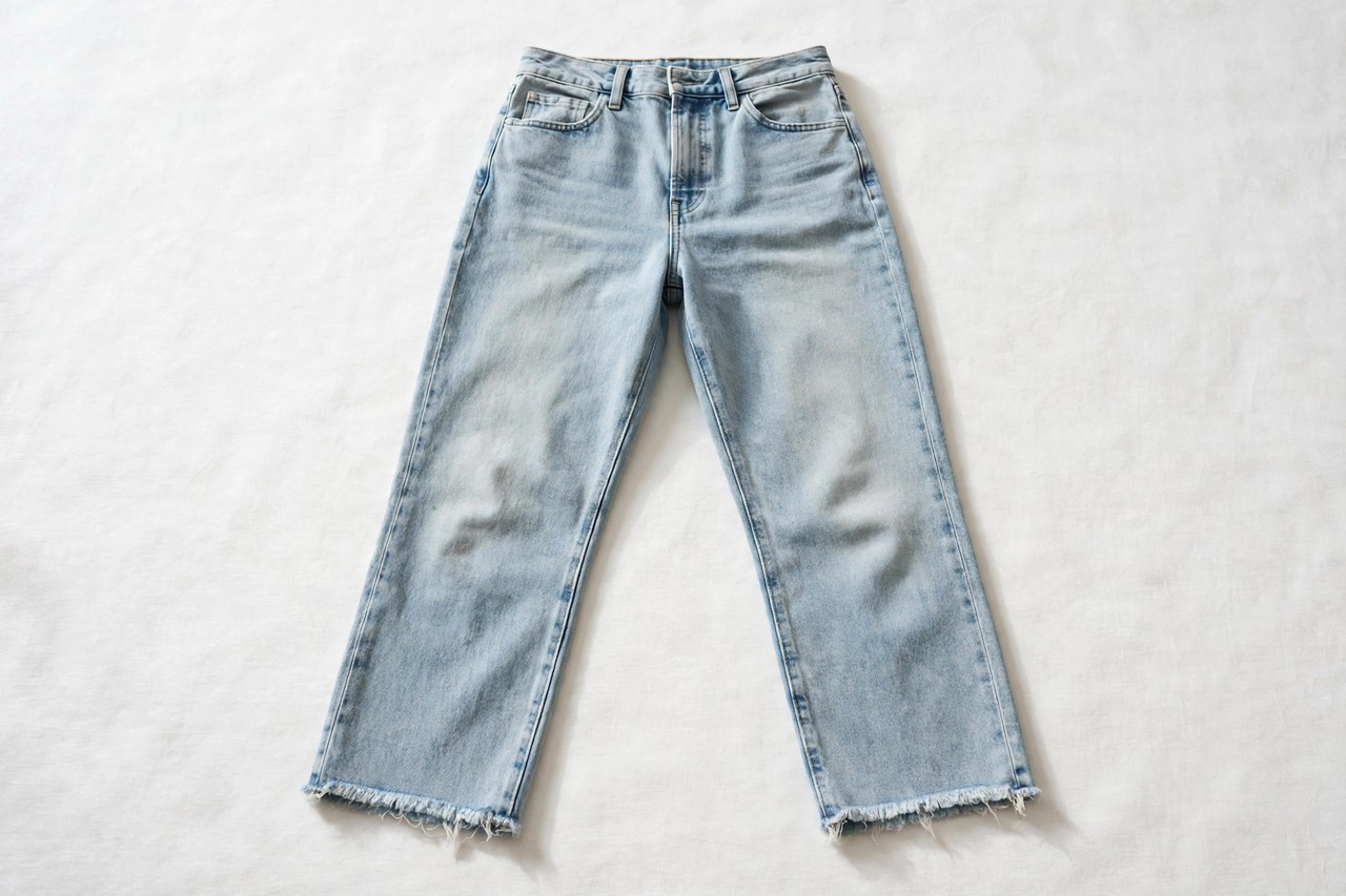 Women's cropped jeans in a light stonewash laid flat, showing the above-ankle length and a raw frayed hem, product photography with no people