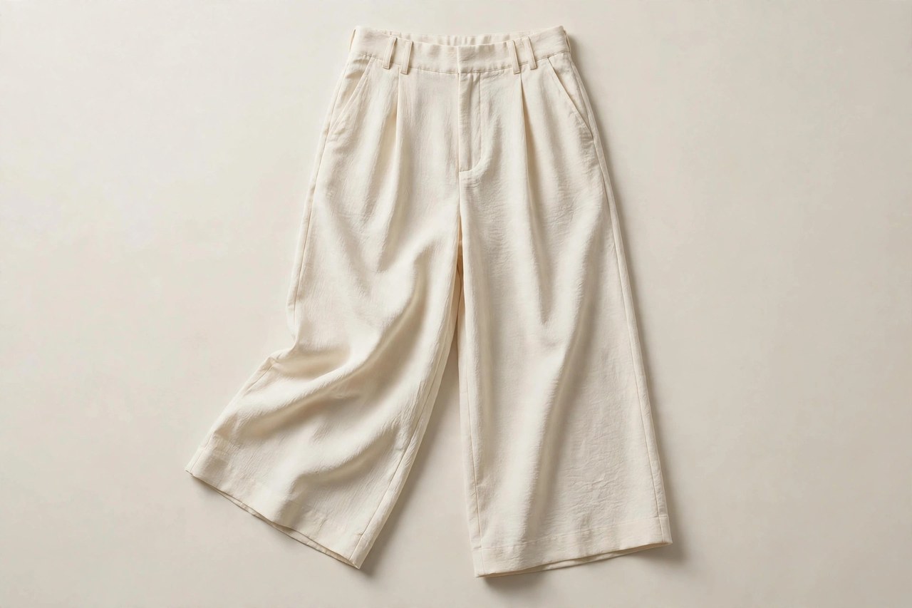 Women's cropped pants ending above the ankle in a wide-leg cut with a clean hem, product photography