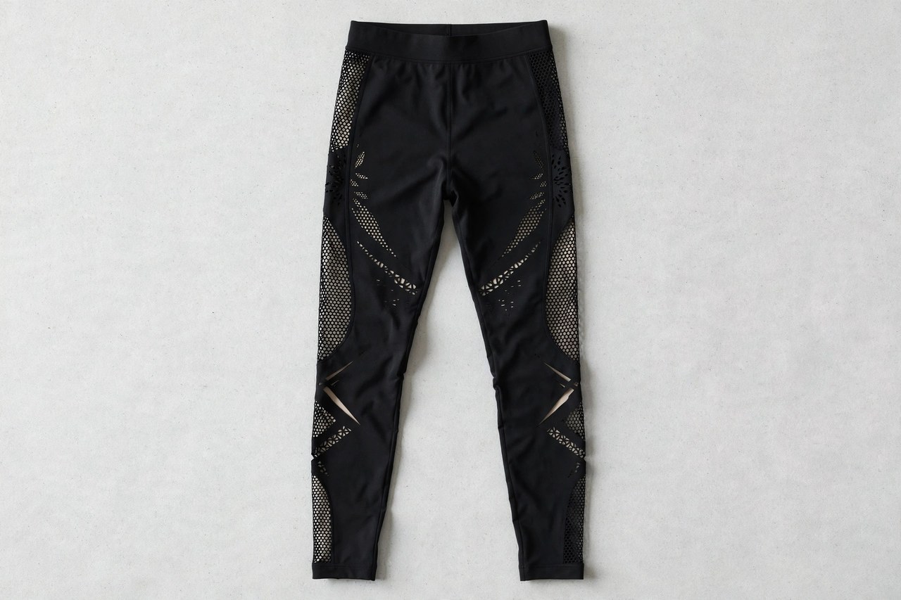 Women's black cutout leggings with mesh panels and laser-cut details laid out flat