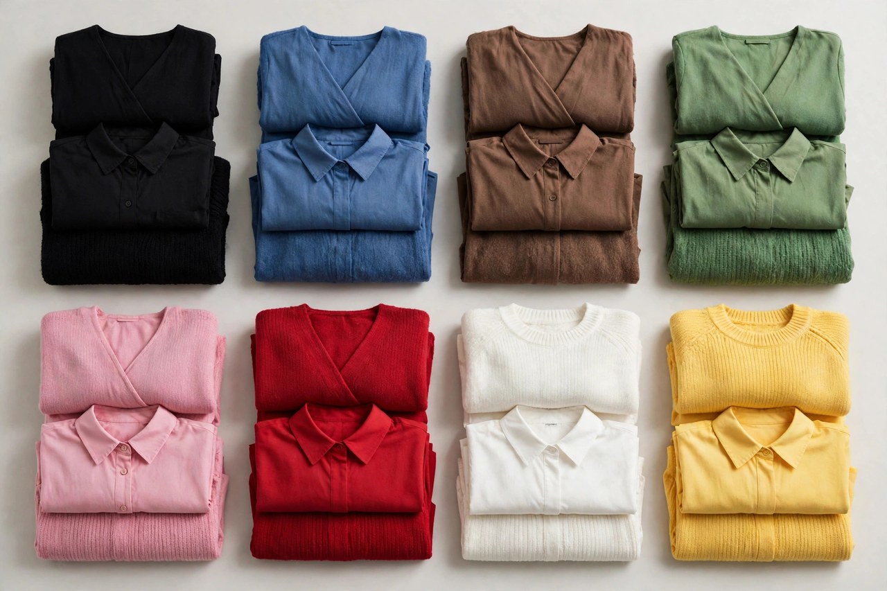 Folded women's garments sorted into neat stacks by color family in a grid flat lay