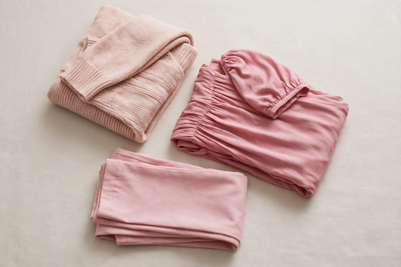 Women's pink wardrobe collection with a blush sweater, rose dress and pink pants arranged in a flat lay