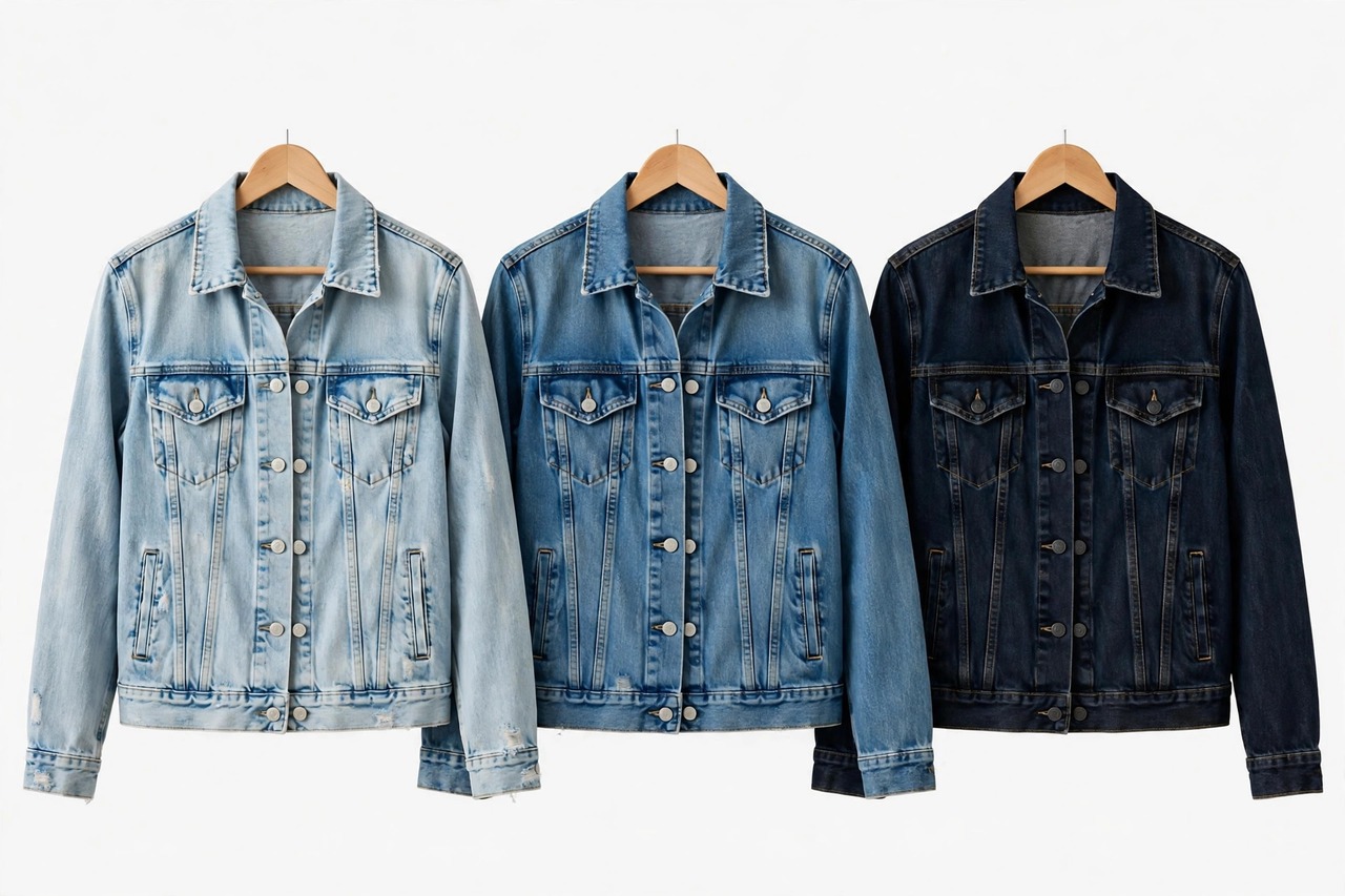 Women's denim jackets in classic, cropped and oversized trucker fits hanging in light, medium and dark washes
