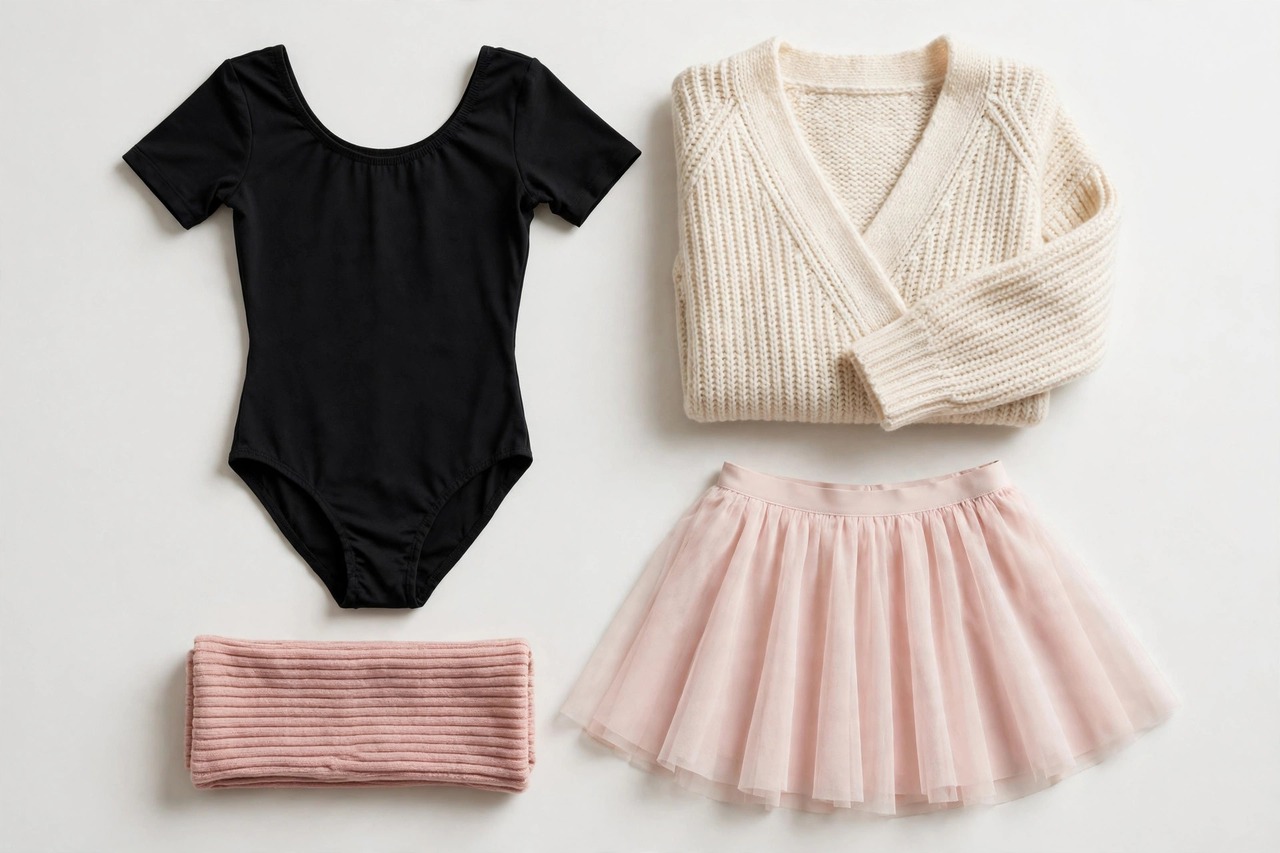 Folded dance clothing including a leotard, wrap skirt, leg warmers and warm-up layers arranged on a studio bench.