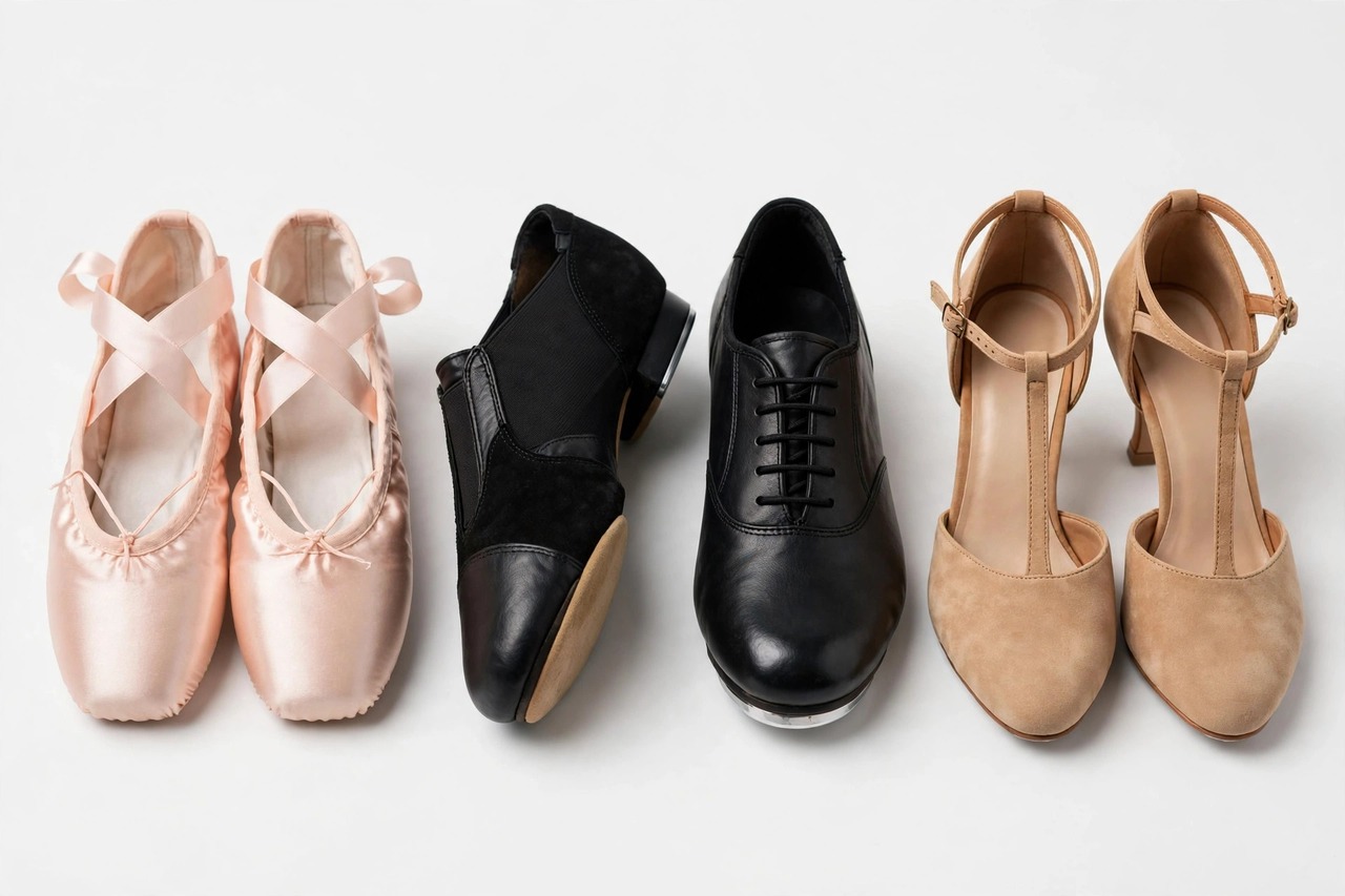 Collection of dance shoes including ballet slippers, tap shoes, jazz shoes and ballroom heels arranged in a row.