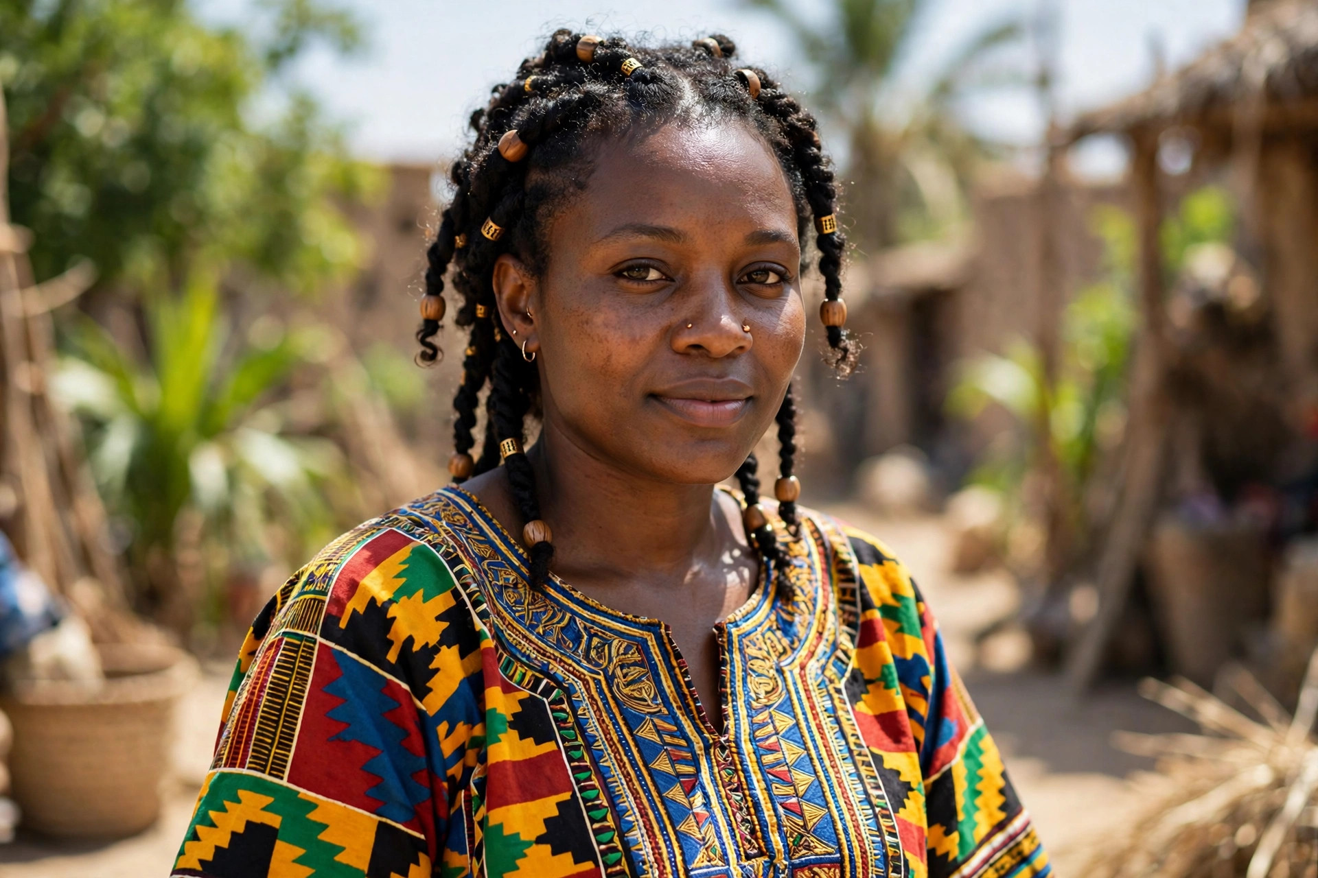 Woman wearing a colourful West African dashiki, a loose pullover tunic with bold geometric print and embroidered neckline