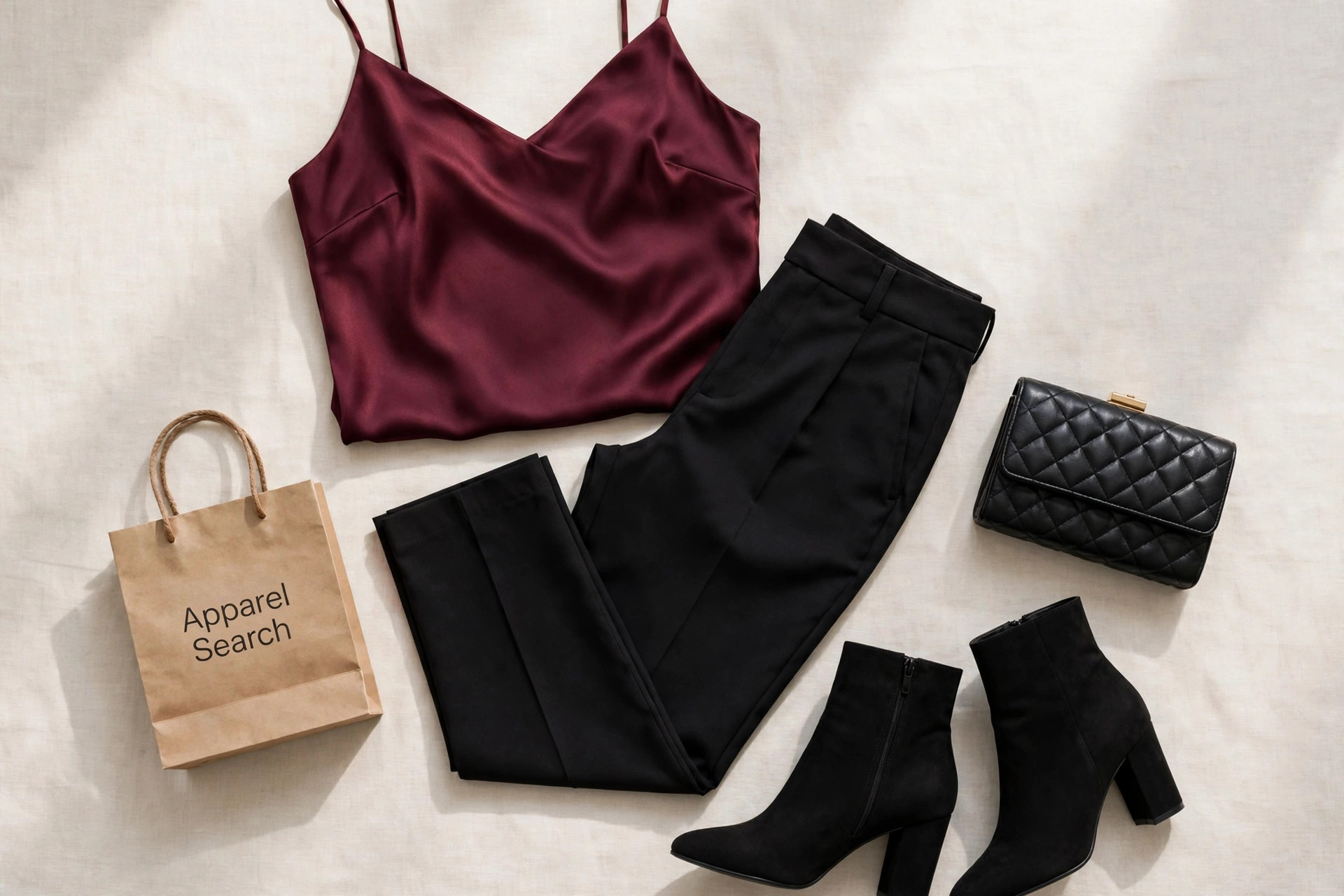 Women's date night outfit laid flat with a burgundy satin camisole top, black tailored trousers, heeled ankle boots and a small clutch bag, product photography with no people