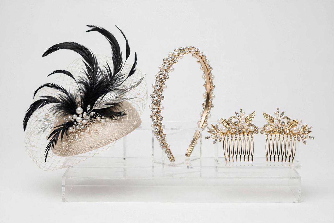 Decorated headwear including a fascinator, jeweled headband and decorative hair combs displayed on stands.