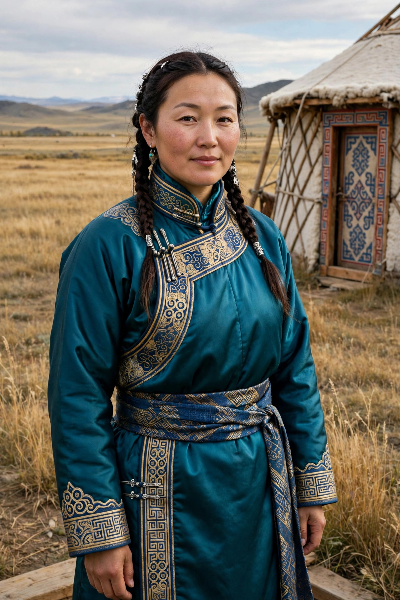 Woman wearing a traditional Mongolian deel, a long teal wrap robe with a high collar and wide sash belt, near a ger on the steppe