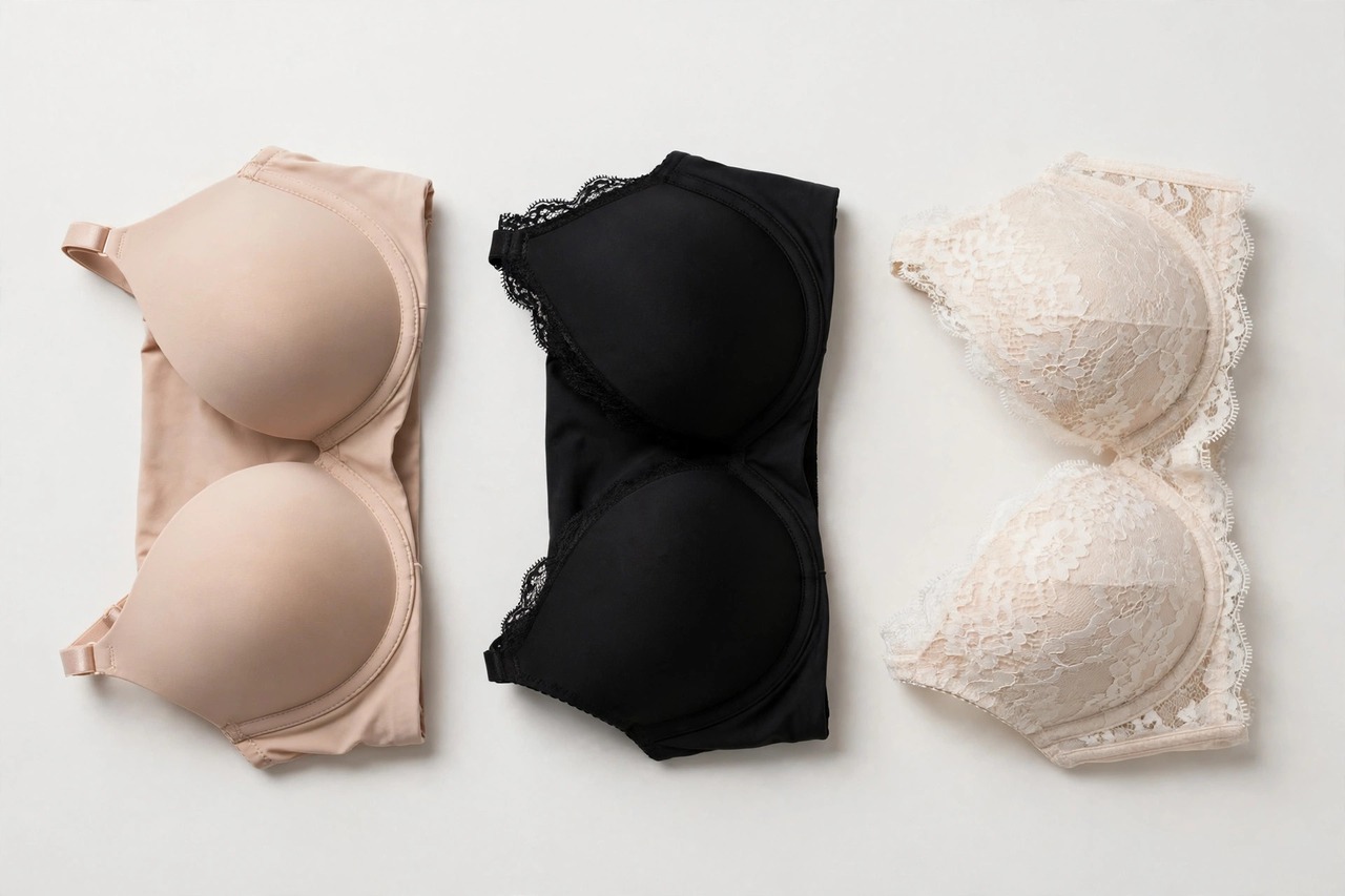 Demi bras in neutral tones folded neatly showing lower-cut cups and wide-set straps.