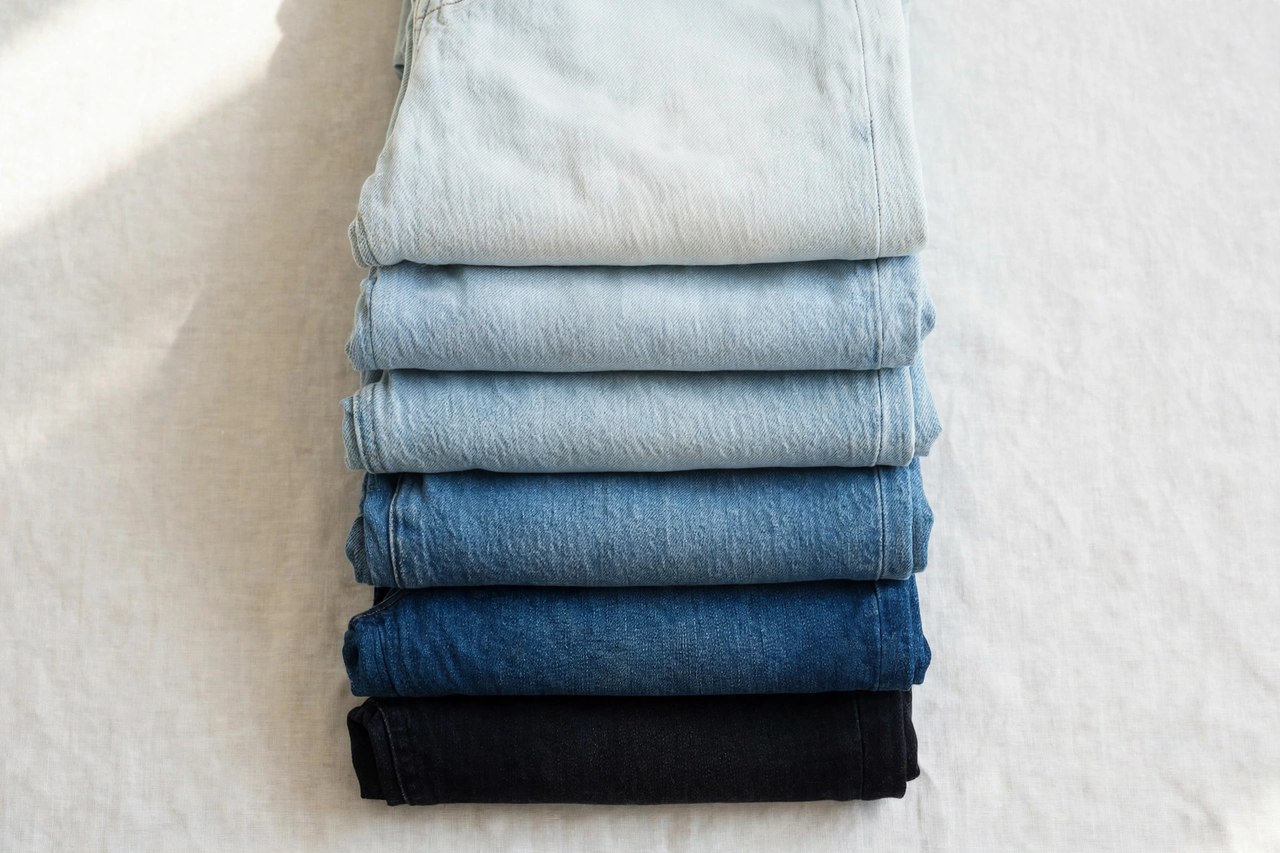 A stack of folded women's jeans in different fits and washes, from dark skinny denim to pale wide-leg denim, product photography with no people