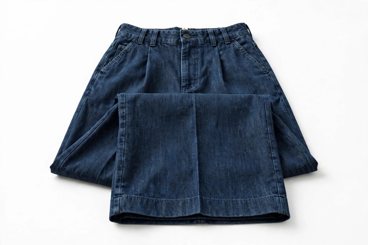 Women's denim pants in trouser, wide-leg and dark tailored cuts folded in a neat stack showing flat fronts and creased legs
