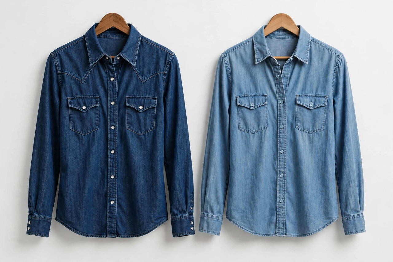 Women's denim and chambray shirts in light, medium and dark washes hanging in a row showing snap buttons and pointed yokes