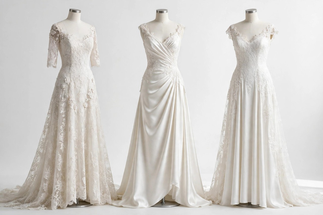 Designer bridal gowns in ivory silk and lace with full and fitted skirts displayed on dress forms