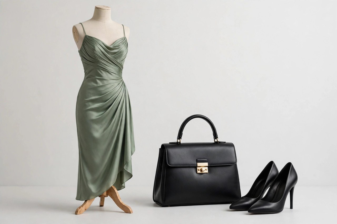 Runway-style display of designer dresses and tailored outfits in seasonal colours on dress forms