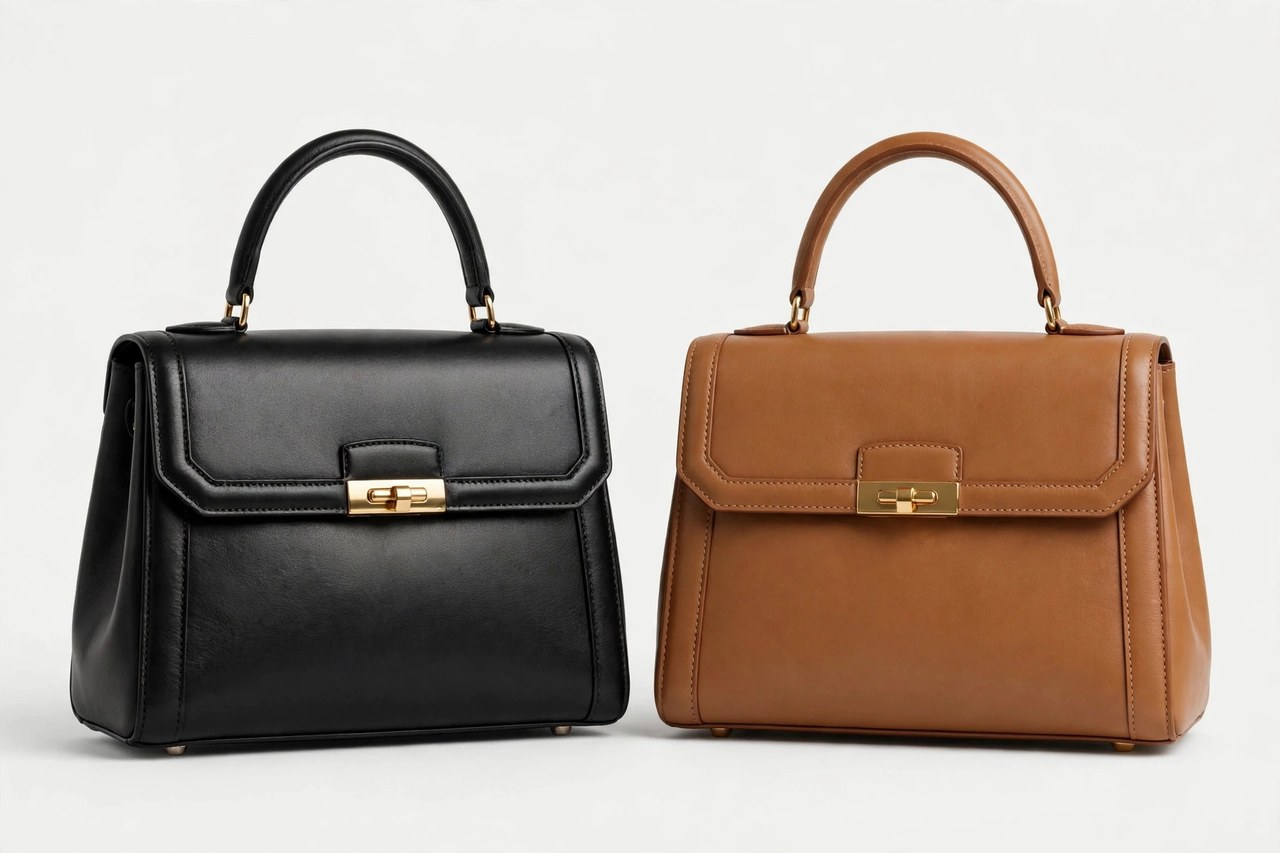 Structured burgundy leather designer handbag with gold-tone hardware resting on a pale surface