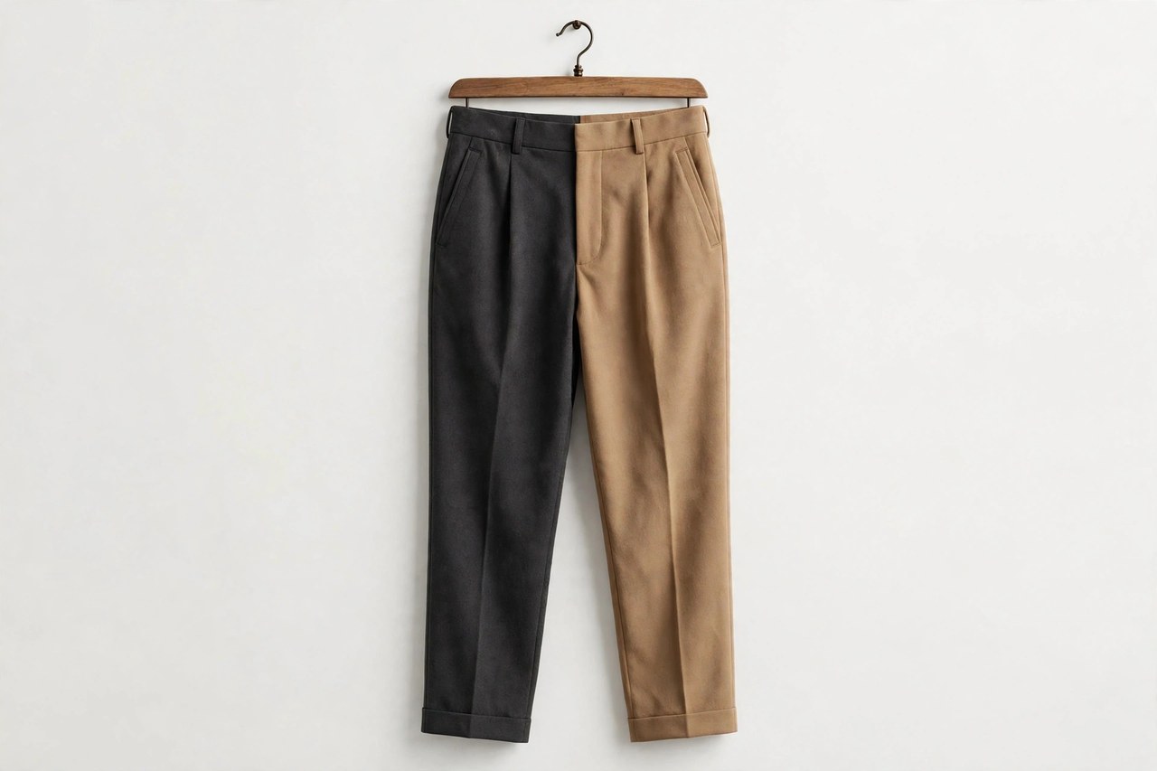 Women's designer tailored trousers in charcoal wool and cream crepe folded over a chair back