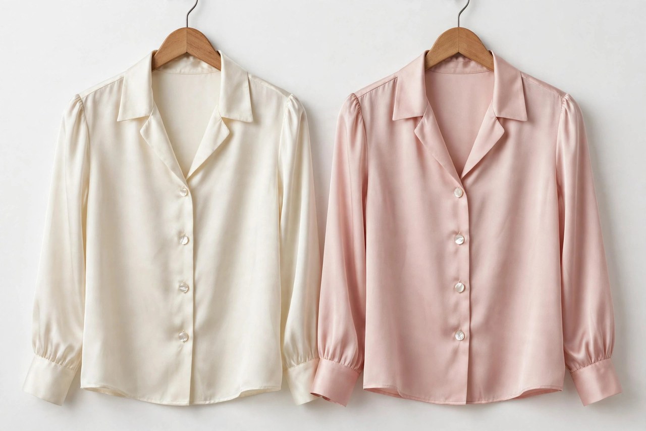 Folded designer shirts and blouses in silk and cotton with pearl buttons and tailored collars