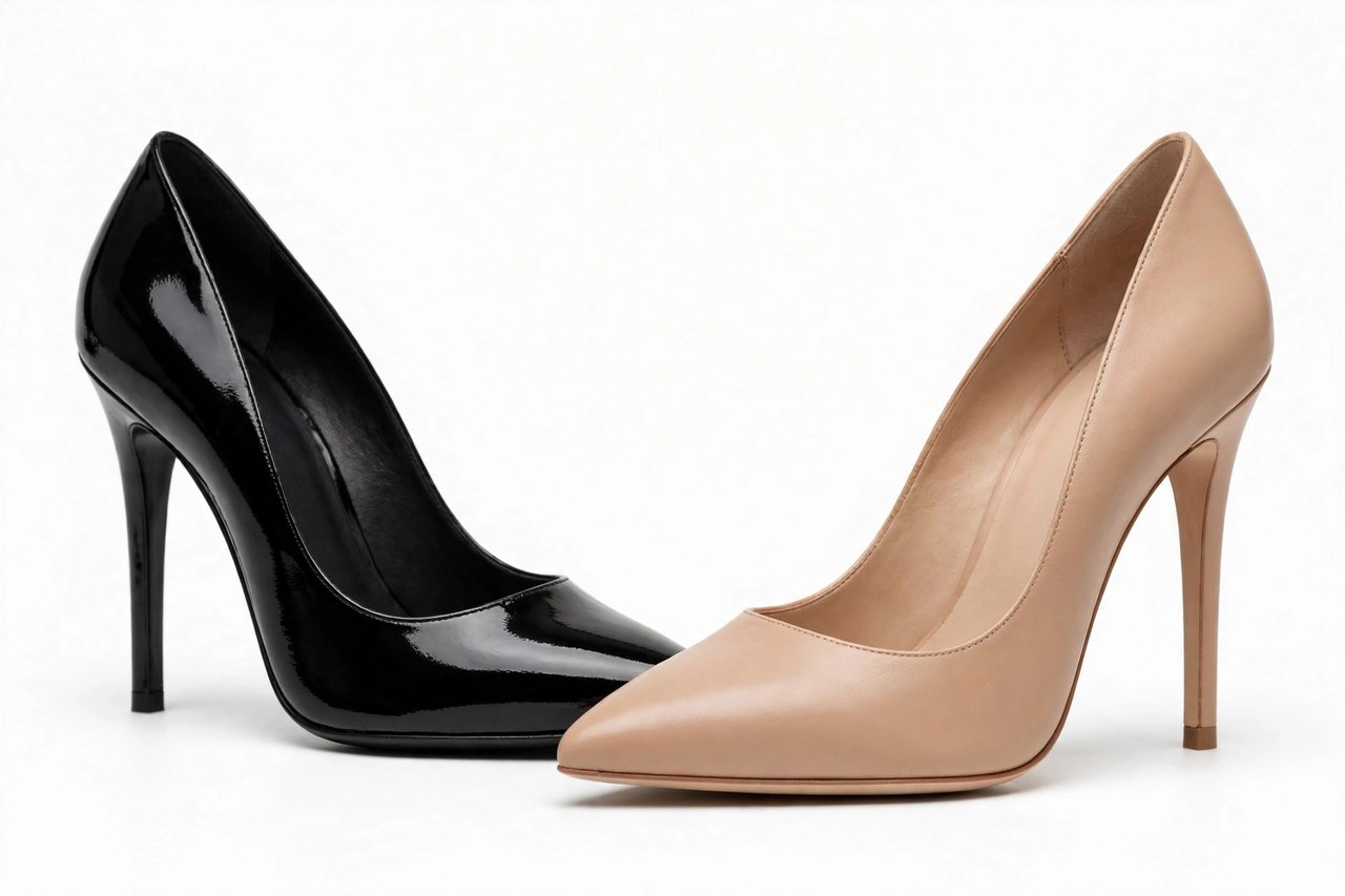 Elegant designer shoes in polished leather with stiletto and block heels on a clean background