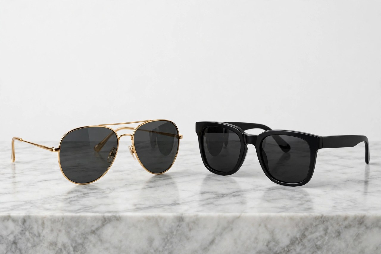 Designer sunglasses with acetate and metal frames and tinted lenses arranged on a light surface