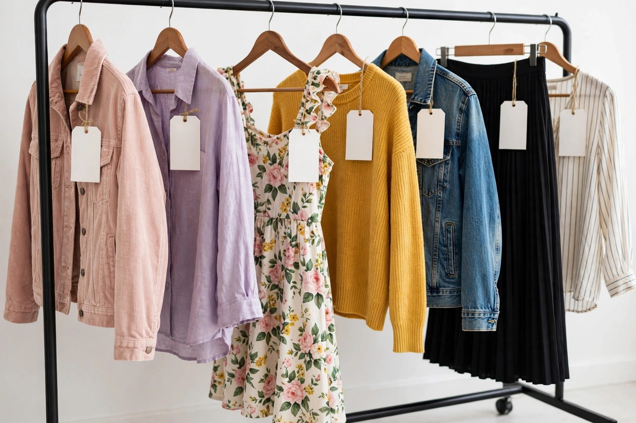 Neatly folded discounted clothing in assorted colors stacked on a retail sale table.