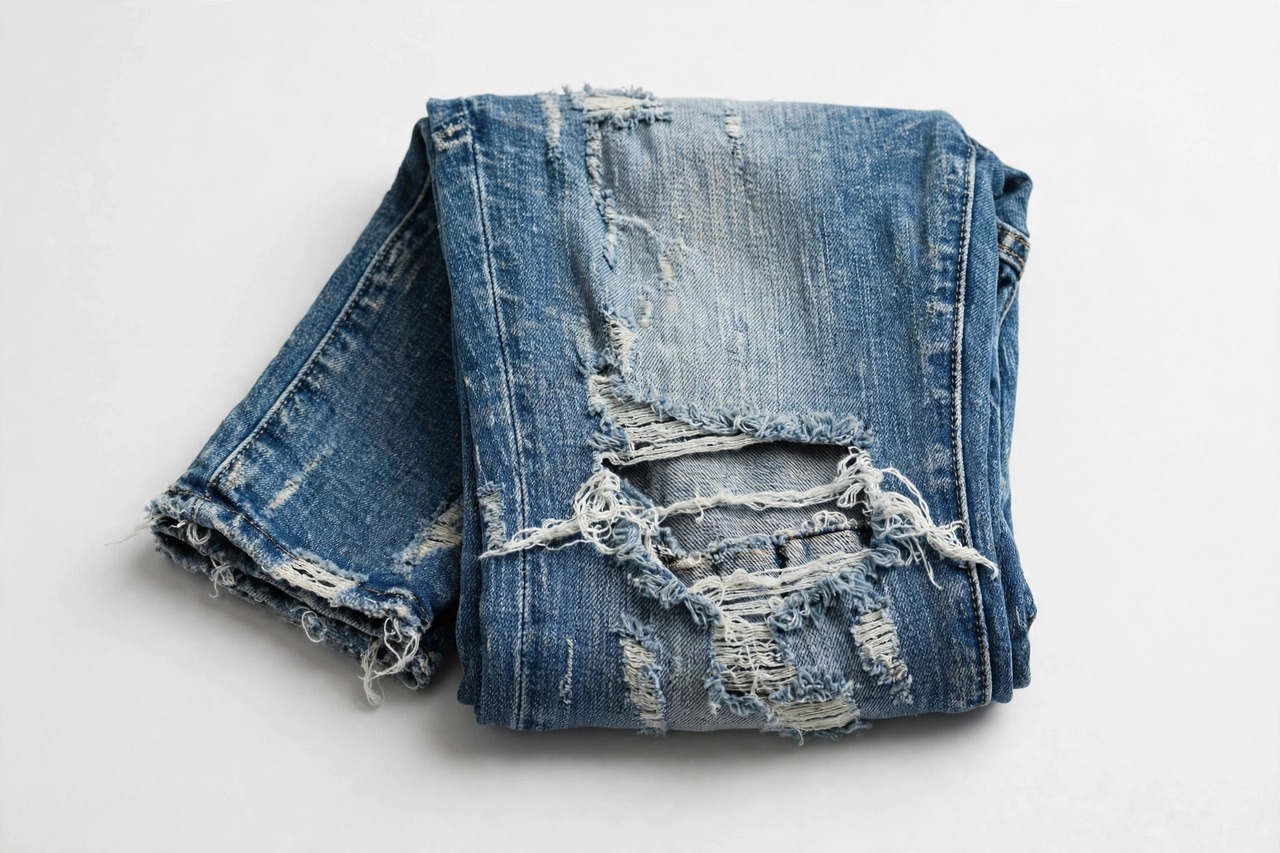 Women's distressed denim jeans with ripped knees, whiskered fronts and patched details folded to show varied levels of wear