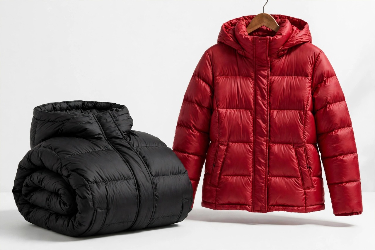 Women's down puffer jackets in several colors hanging in a row showing quilted baffle construction.