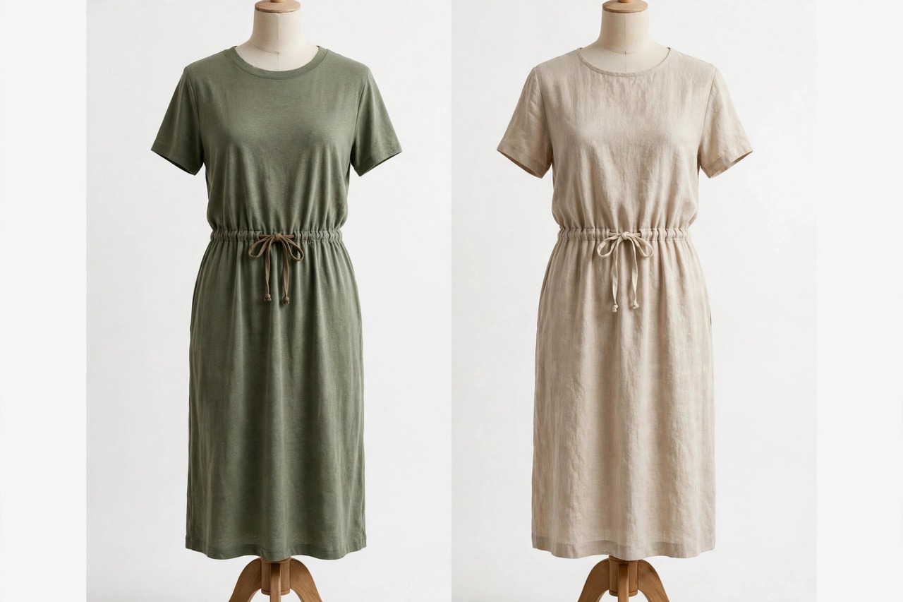 Drawstring waist dresses in jersey, linen and chambray with adjustable tied waists