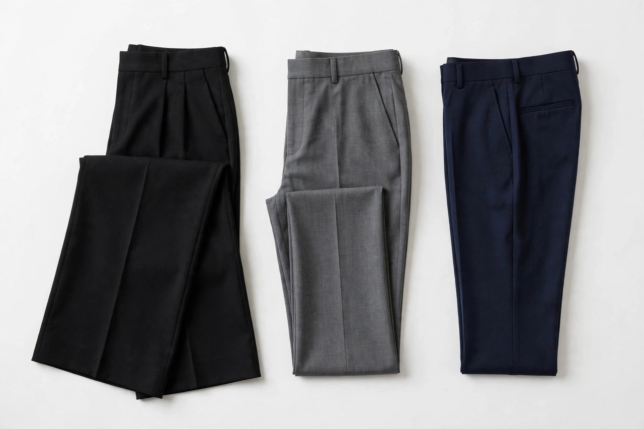 Neatly tailored women's trousers in charcoal and navy hanging in a row with sharp center creases.