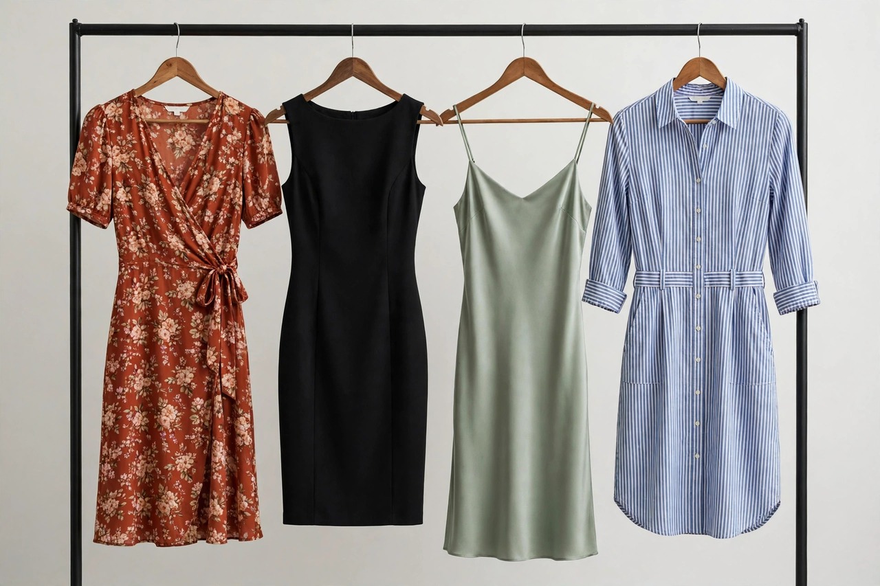 Row of women's dresses in varied silhouettes, lengths and fabrics hanging on a rail